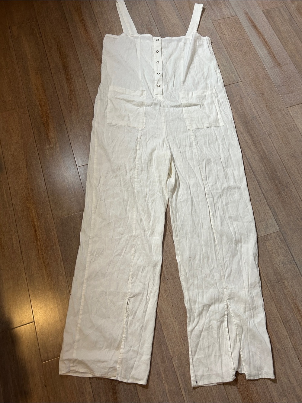 Women's White Linen Wide-Leg Jumpsuit with Pockets s size Large